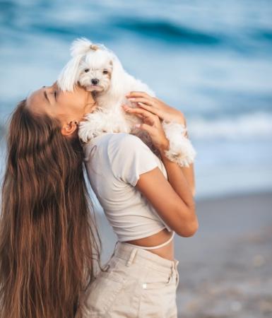 Donna abbraccia un cane bianco sulla spiaggia con il mare sullo sfondo.